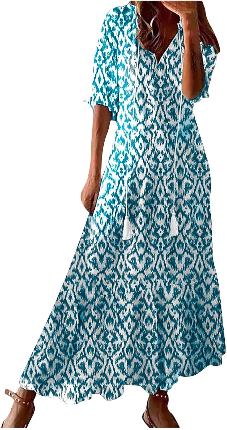 Summer Dresses for Women 2025 Floral Half Sleeve V Neck Maxi Dress Flowy Boho Beach Dresses Vacation Long Casual Dress