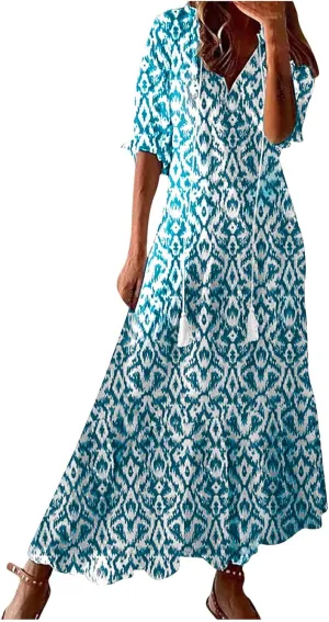 Summer Dresses for Women 2025 Floral Half Sleeve V Neck Maxi Dress Flowy Boho Beach Dresses Vacation Long Casual Dress