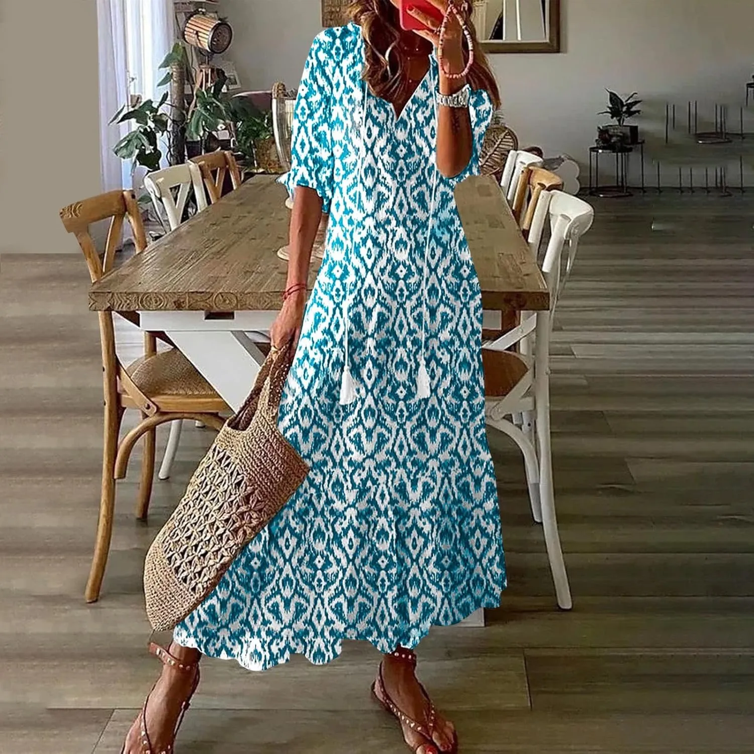 Summer Dresses for Women 2025 Floral Half Sleeve V Neck Maxi Dress Flowy Boho Beach Dresses Vacation Long Casual Dress