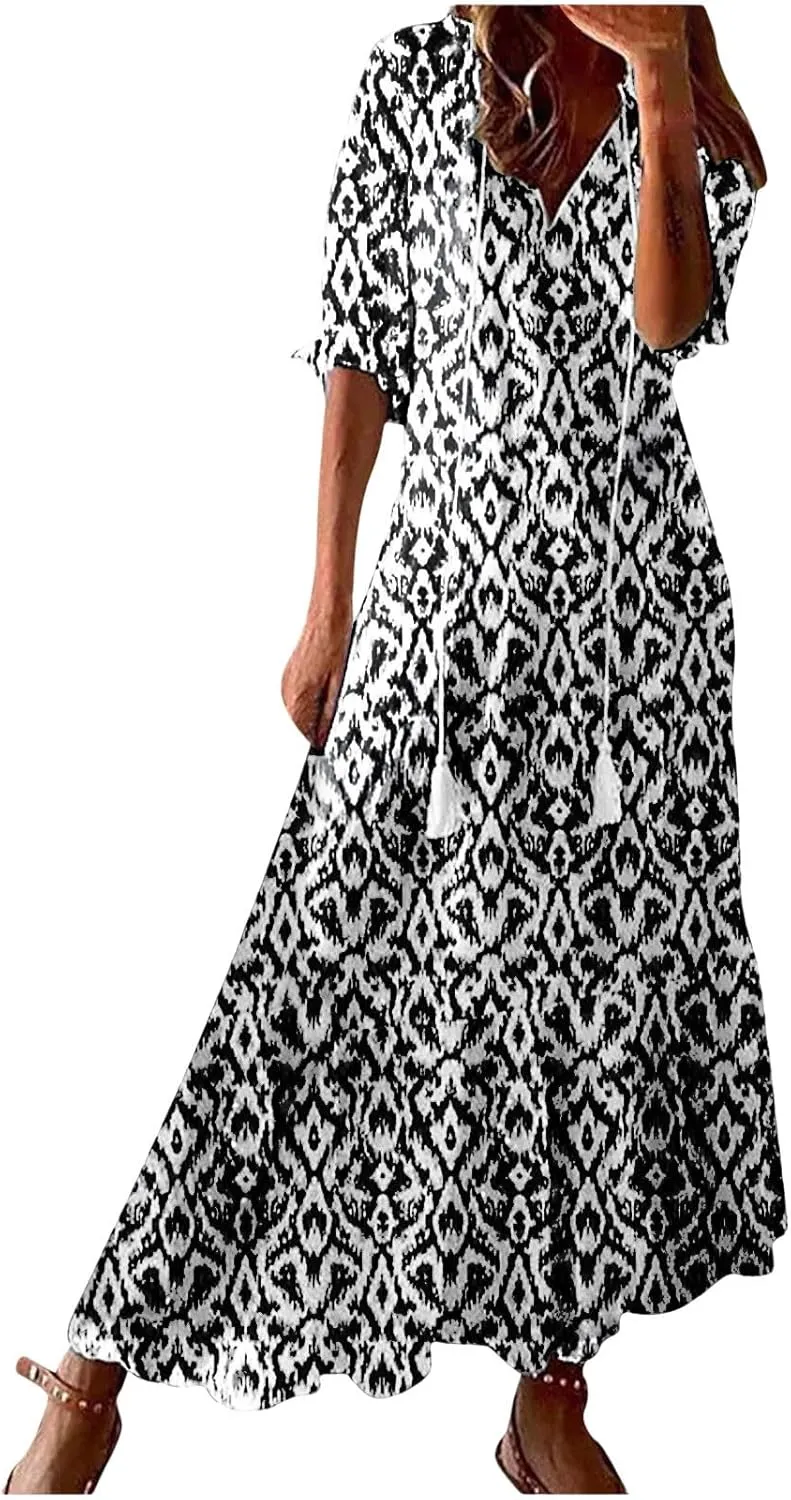 Summer Dresses for Women 2025 Short Sleeve Boho Maxi Dress V Neck Floral Sundress Casual Beach Vacation Outfits Clothes