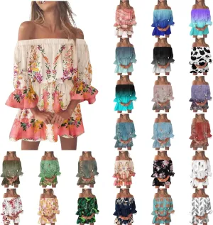Summer Dresses for Women Boho Beach Sexy Off Shoulder Tunic Sundresses Casual Loose Fit Sleeve Mini Floral Dress