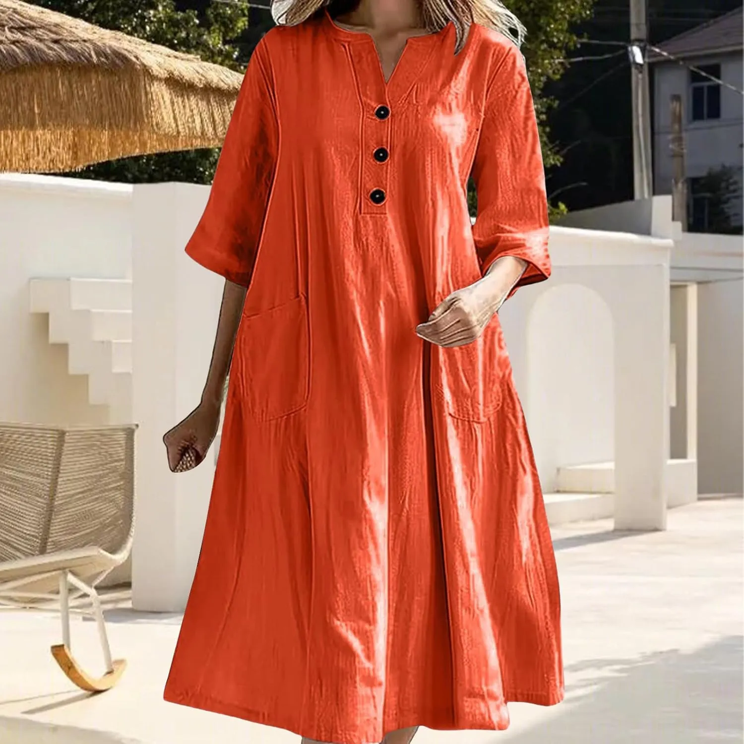 Summer Dresses for Women Boho Vacation Dress Midi Button Up 3/4 Sleeve Beach Dress Loose Fit Shift V Neck Sundress