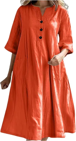 Summer Dresses for Women Boho Vacation Dress Midi Button Up 3/4 Sleeve Beach Dress Loose Fit Shift V Neck Sundress