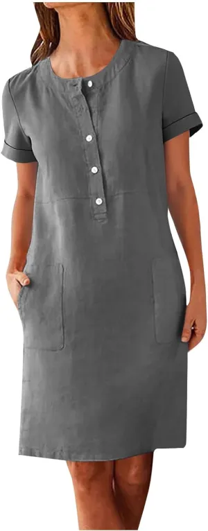 Summer Linen Mini Dress for Women Short Sleeve Shirt Dresses Button Crewneck Beach Vacation Sundress with Pockets