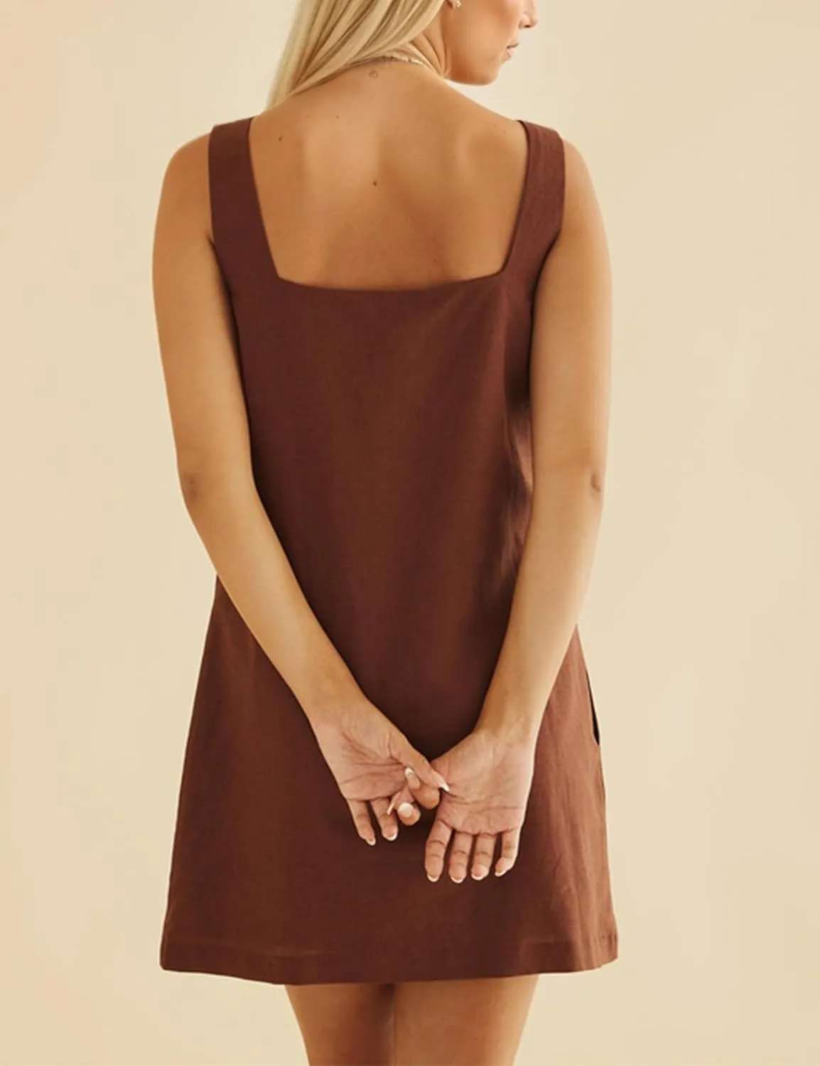 Summer Linen Mini Dress for Women Sleeveless Square Neck Tank Shift Dresses Causal Backless Solid Short Sundress