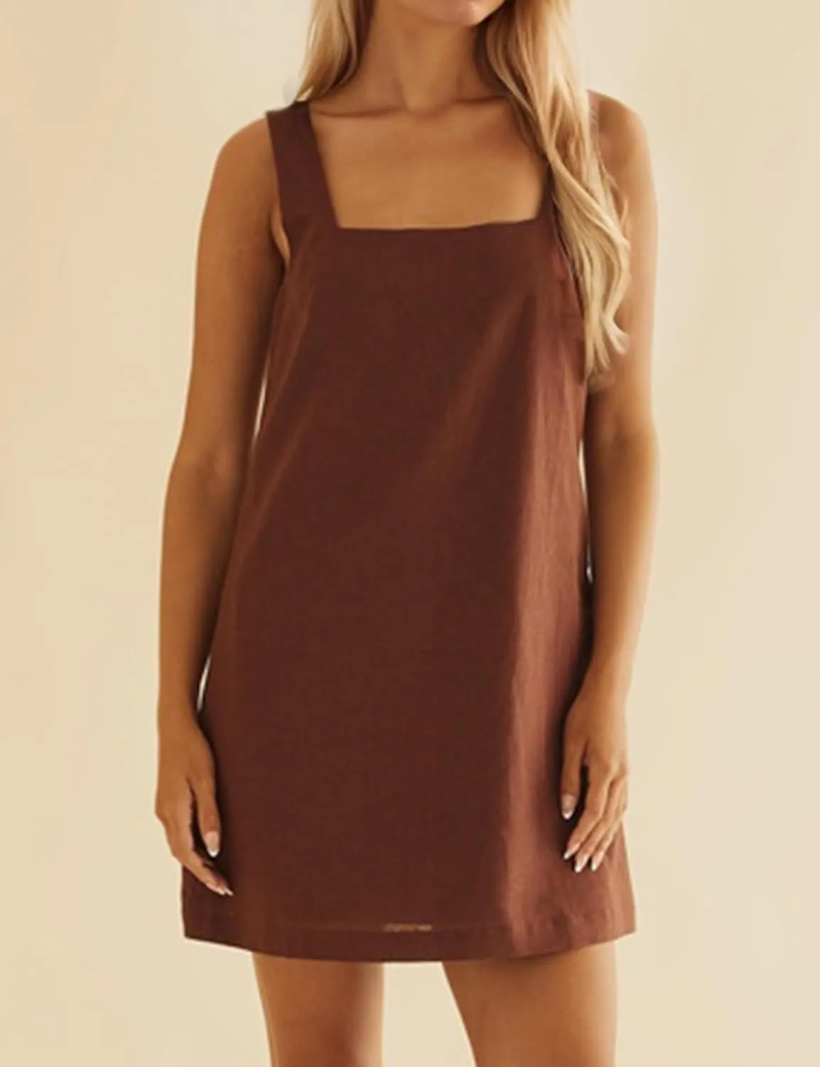 Summer Linen Mini Dress for Women Sleeveless Square Neck Tank Shift Dresses Causal Backless Solid Short Sundress