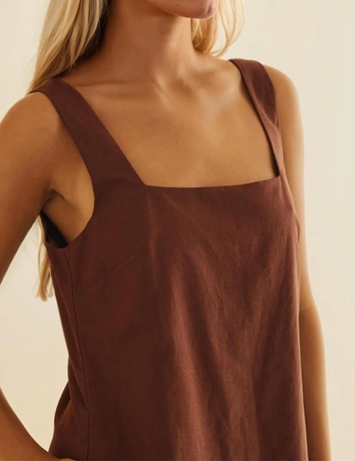 Summer Linen Mini Dress for Women Sleeveless Square Neck Tank Shift Dresses Causal Backless Solid Short Sundress