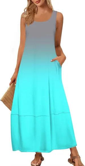 Summer Maxi Dress Women's 2025 Summer Casual Maxi Sundress Beach Gradient Crew Neck Sleeveless Loose Tank Dress