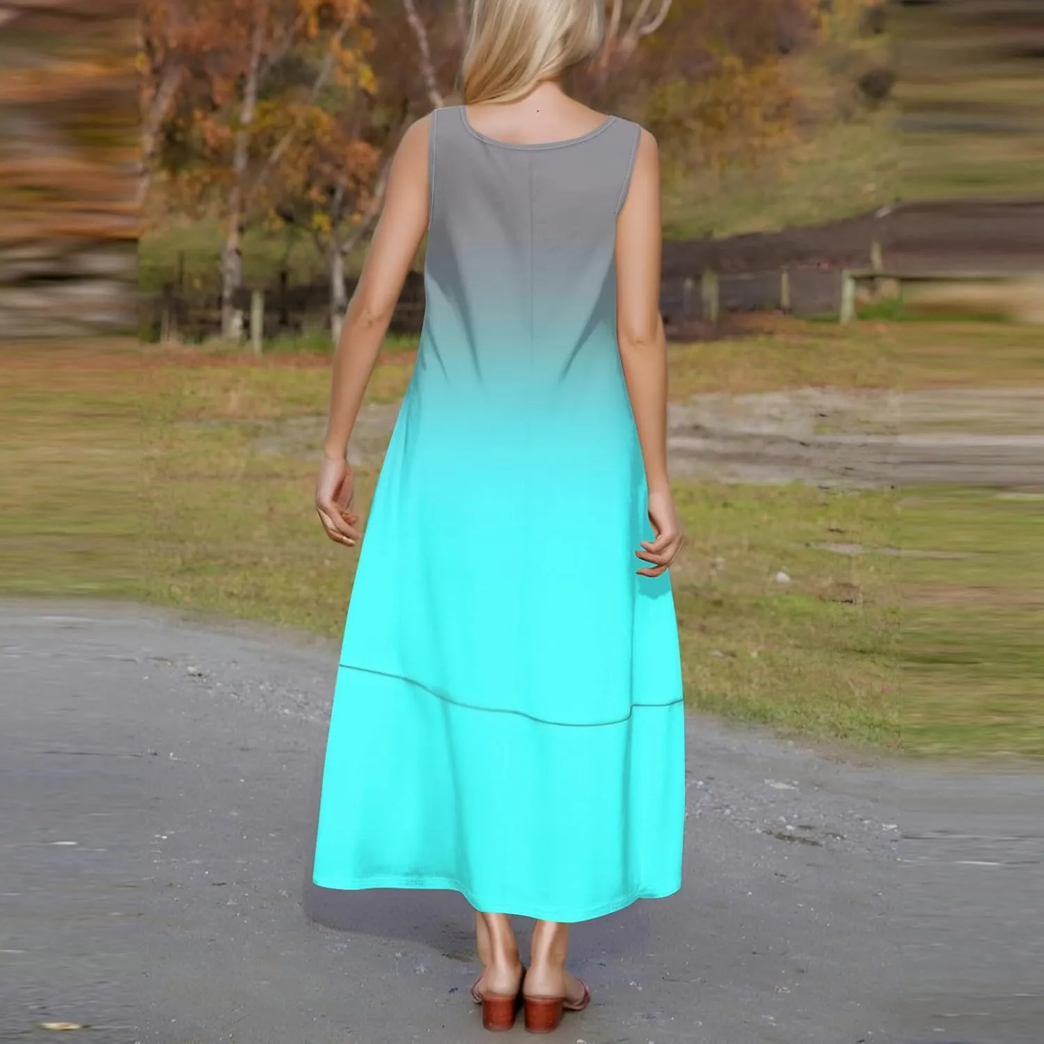 Summer Maxi Dress Women's 2025 Summer Casual Maxi Sundress Beach Gradient Crew Neck Sleeveless Loose Tank Dress