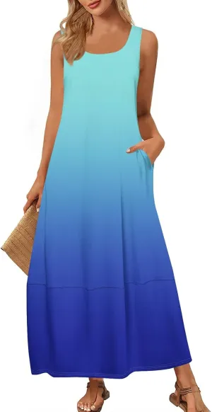 Summer Maxi Dress Women's 2025 Summer Casual Maxi Sundress Beach Gradient Crew Neck Sleeveless Loose Tank Dress