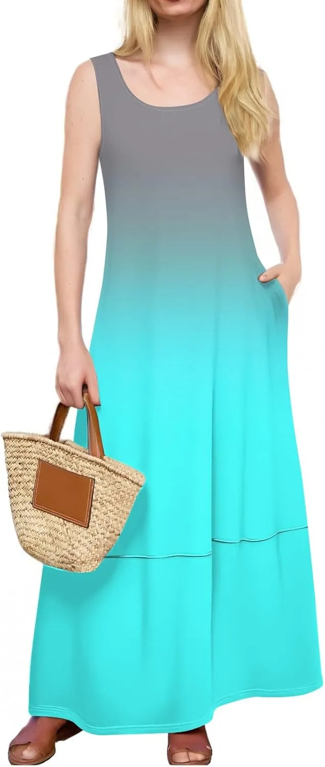 Summer Maxi Dress Women's 2025 Summer Casual Maxi Sundress Beach Gradient Crew Neck Sleeveless Loose Tank Dress