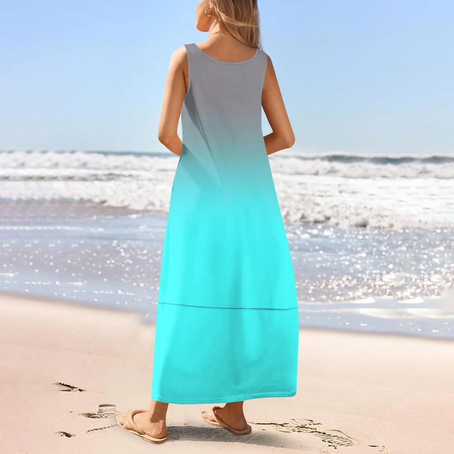 Summer Maxi Dress Women's 2025 Summer Casual Maxi Sundress Beach Gradient Crew Neck Sleeveless Loose Tank Dress