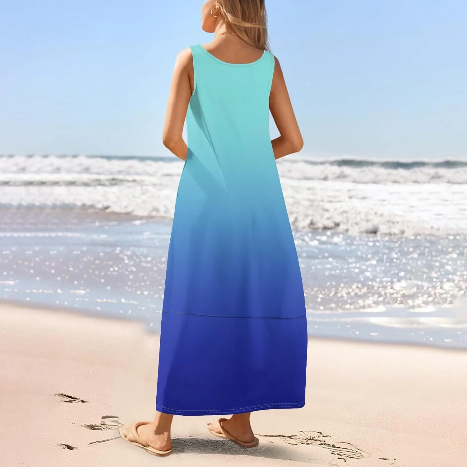 Summer Maxi Dress Women's 2025 Summer Casual Maxi Sundress Beach Gradient Crew Neck Sleeveless Loose Tank Dress