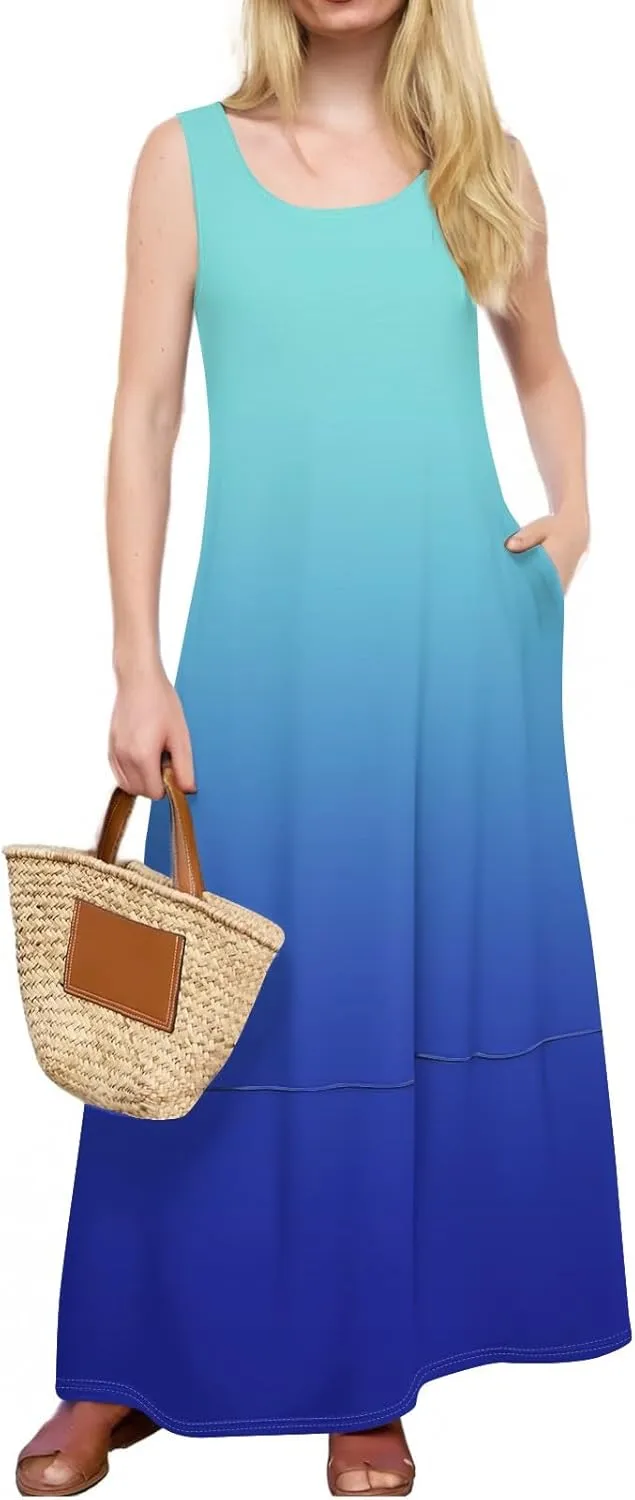 Summer Maxi Dress Women's 2025 Summer Casual Maxi Sundress Beach Gradient Crew Neck Sleeveless Loose Tank Dress