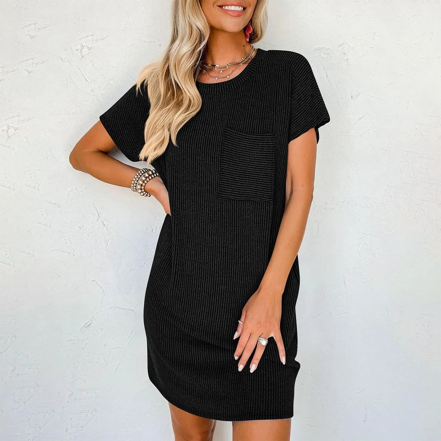 Summer Tshirt Dress Women Trendy Short Sleeve Loose Shift Dresses Casual Striped Textured Ribbed Mini T Shirt Dresses