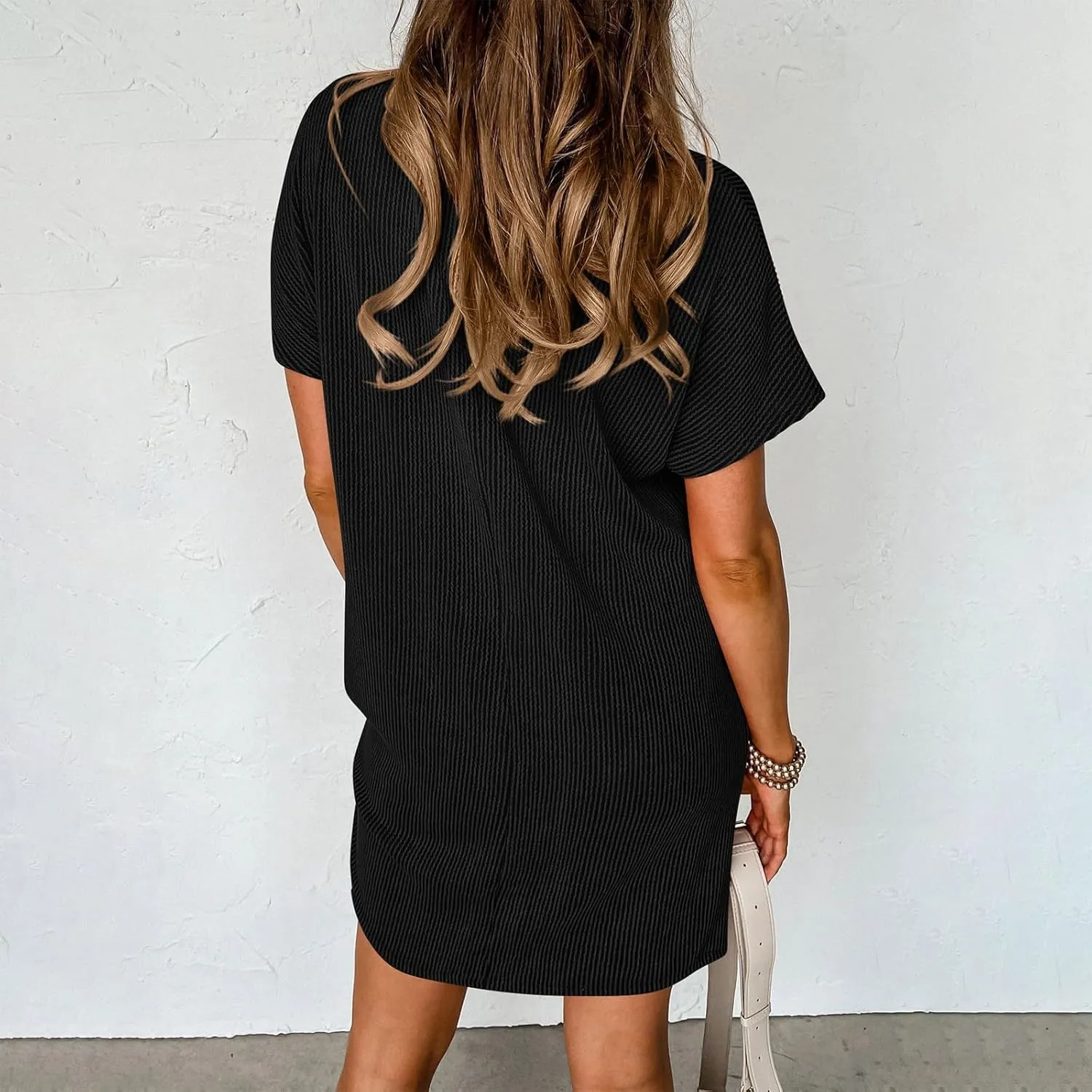 Summer Tshirt Dress Women Trendy Short Sleeve Loose Shift Dresses Casual Striped Textured Ribbed Mini T Shirt Dresses