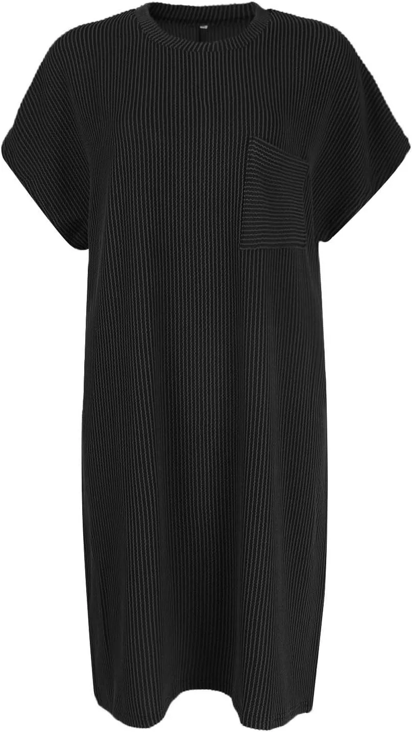 Summer Tshirt Dress Women Trendy Short Sleeve Loose Shift Dresses Casual Striped Textured Ribbed Mini T Shirt Dresses