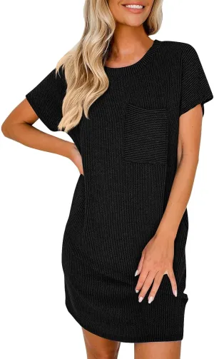 Summer Tshirt Dress Women Trendy Short Sleeve Loose Shift Dresses Casual Striped Textured Ribbed Mini T Shirt Dresses