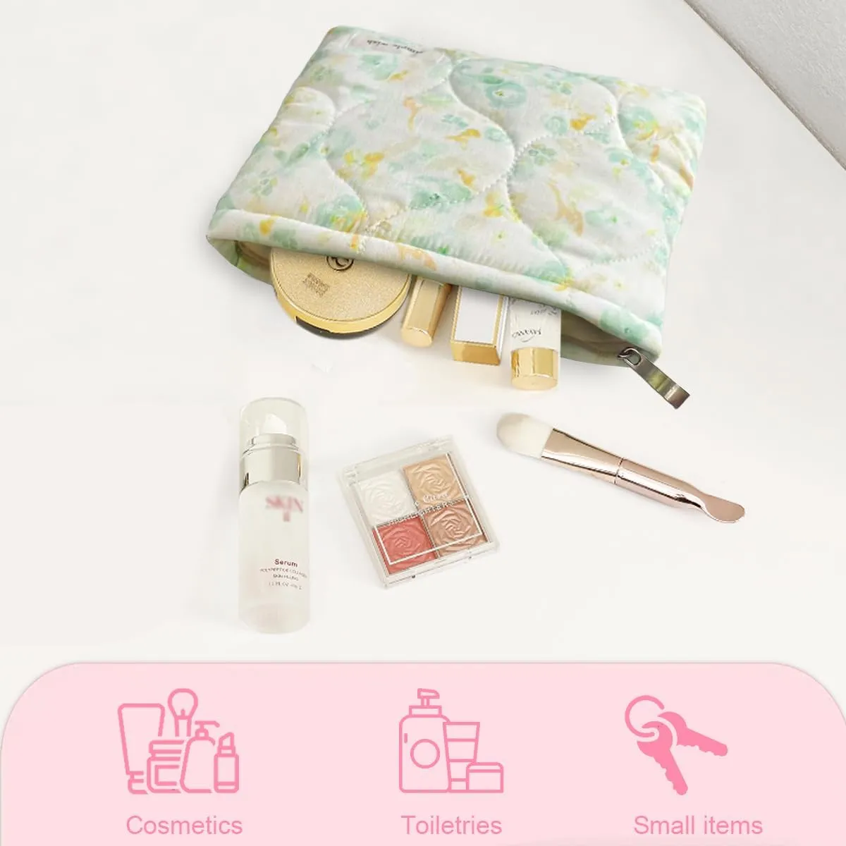 Sunwel Fashion Cute Quilted Cosmetic Bag for Women Girls, Floral Coquette Aesthetic Make Up Bags (green/yellow)
