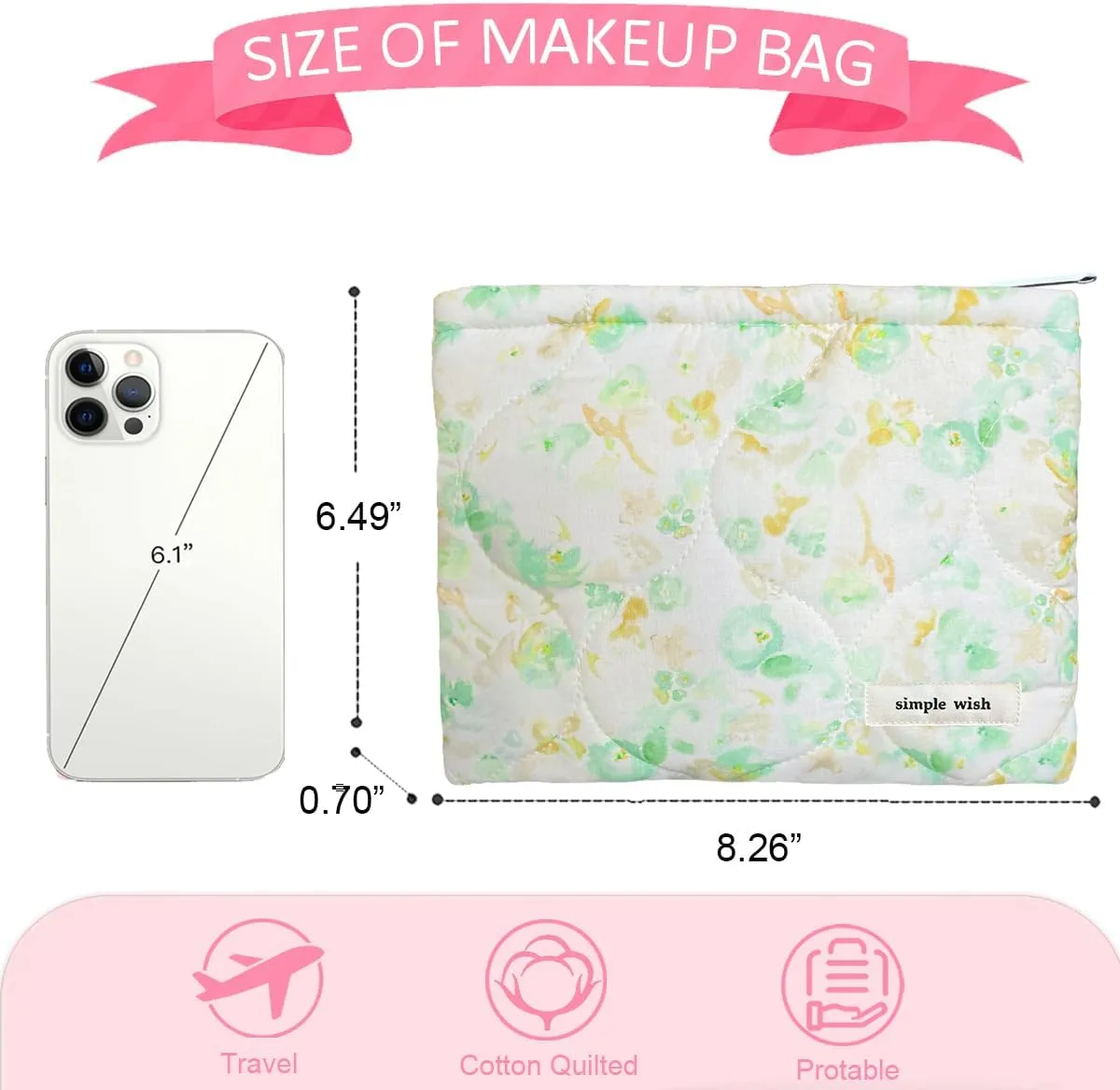 Sunwel Fashion Cute Quilted Cosmetic Bag for Women Girls, Floral Coquette Aesthetic Make Up Bags (green/yellow)