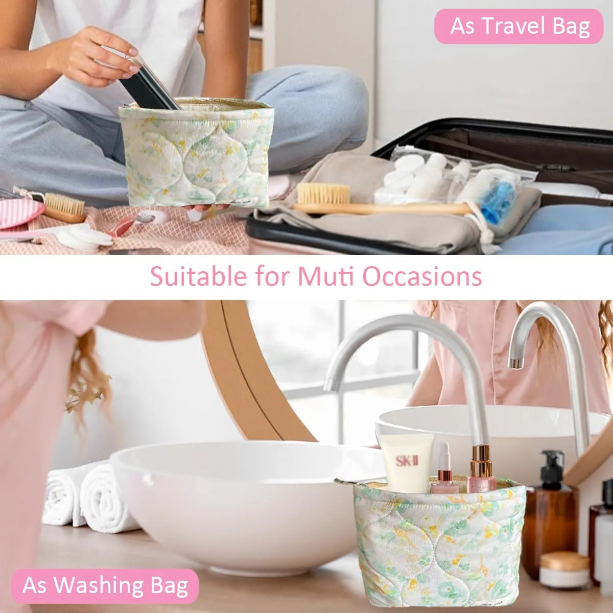 Sunwel Fashion Cute Quilted Cosmetic Bag for Women Girls, Floral Coquette Aesthetic Make Up Bags (green/yellow)