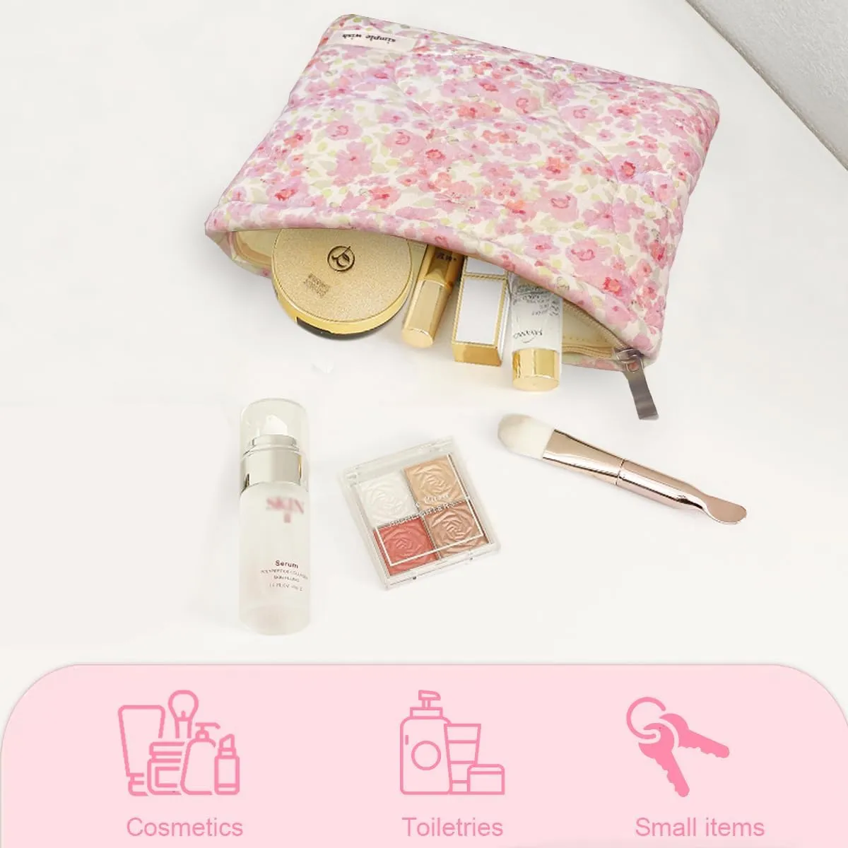 Sunwel Fashion Cute Quilted Cosmetic Bag for Women Girls, Floral Coquette Aesthetic Make Up Bags (pink)
