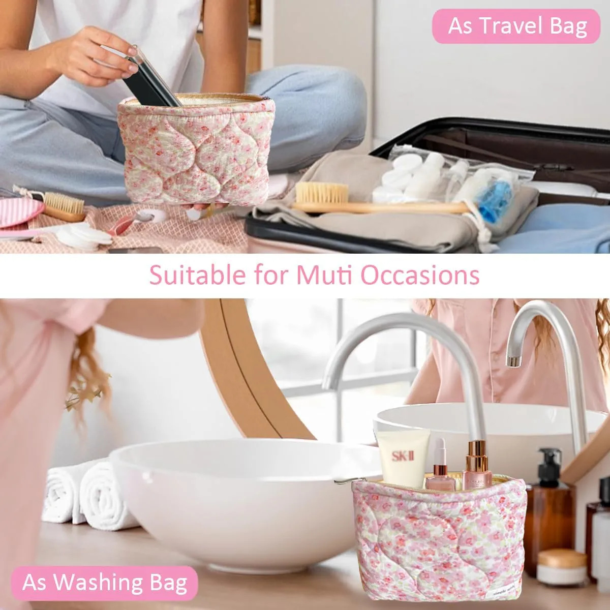 Sunwel Fashion Cute Quilted Cosmetic Bag for Women Girls, Floral Coquette Aesthetic Make Up Bags (pink)