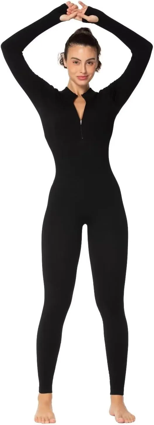 Sunzel Long Sleeve Jumpsuits for Women, Ribbed One Piece Casual Yoga Workout Zip Front Bodycon, Legging Fit & Thumbhole