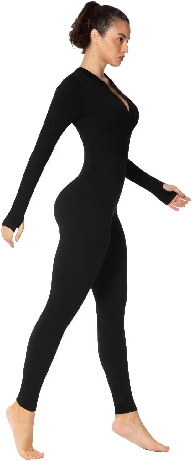 Sunzel Long Sleeve Jumpsuits for Women, Ribbed One Piece Casual Yoga Workout Zip Front Bodycon, Legging Fit & Thumbhole