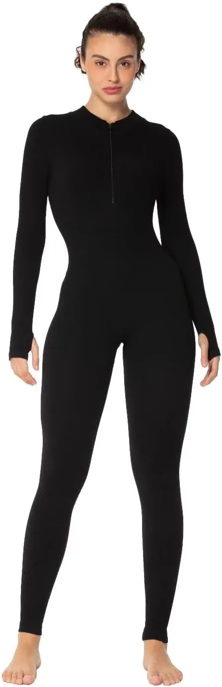 Sunzel Long Sleeve Jumpsuits for Women, Ribbed One Piece Casual Yoga Workout Zip Front Bodycon, Legging Fit & Thumbhole