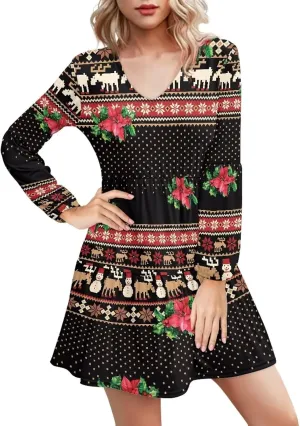 Suobstales Women's Long Sleeve V-Neck Dresses Casual Knee Length Dress Loose Wedding Guest Dress Flowy Swing Sundress