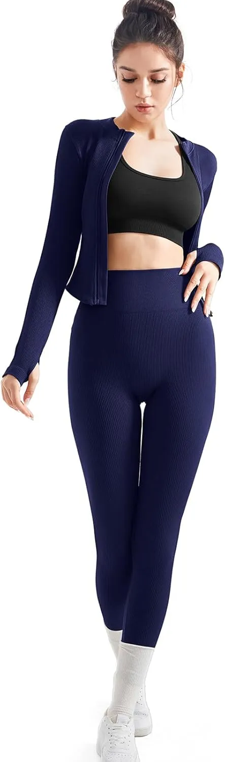 SUUKSESS Women 2 Piece Seamless Ribbed Workout Sets With Zip Up Jacket High Waisted Gym Yoga Leggings