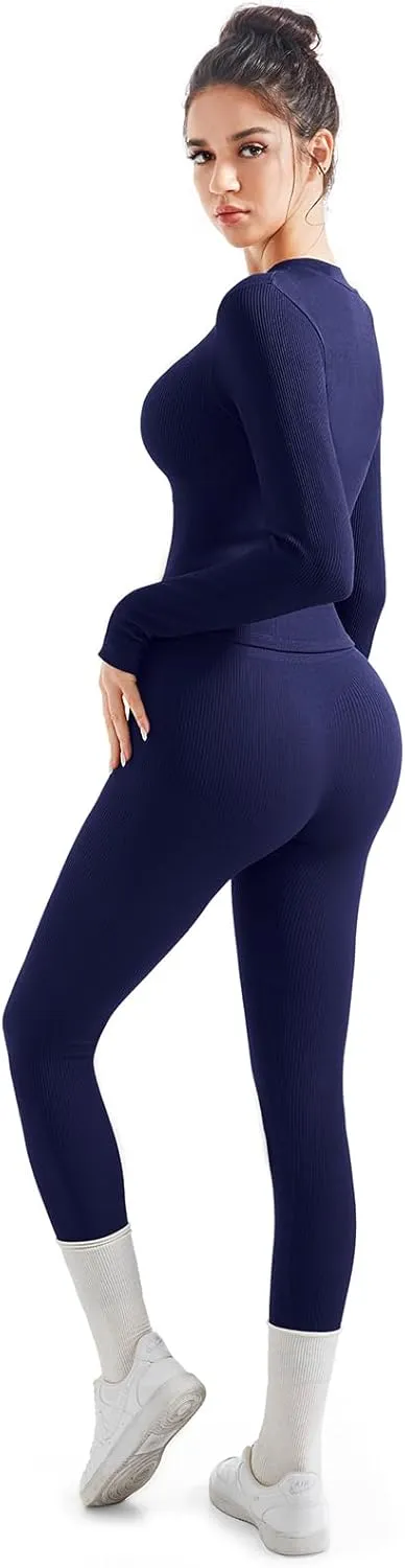SUUKSESS Women 2 Piece Seamless Ribbed Workout Sets With Zip Up Jacket High Waisted Gym Yoga Leggings