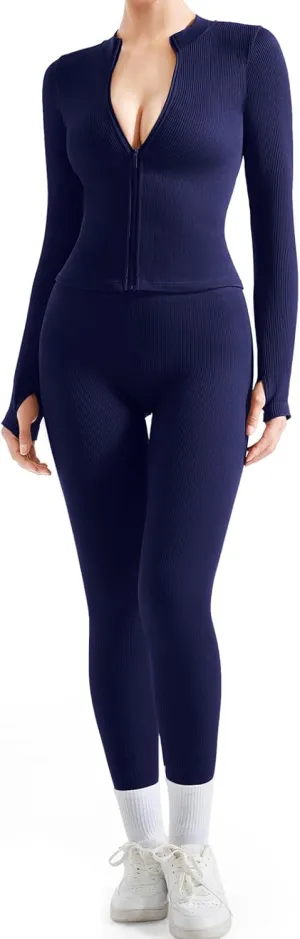 SUUKSESS Women 2 Piece Seamless Ribbed Workout Sets With Zip Up Jacket High Waisted Gym Yoga Leggings