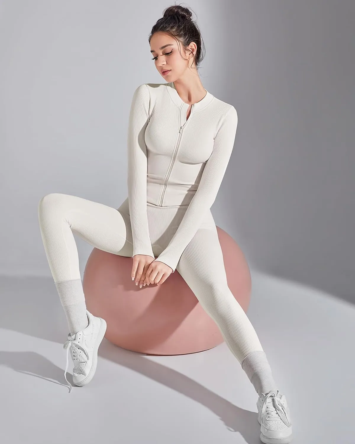 SUUKSESS Women 2 Piece Seamless Ribbed Workout Sets With Zip Up Jacket High Waisted Gym Yoga Leggings