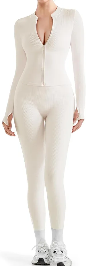 SUUKSESS Women 2 Piece Seamless Ribbed Workout Sets With Zip Up Jacket High Waisted Gym Yoga Leggings