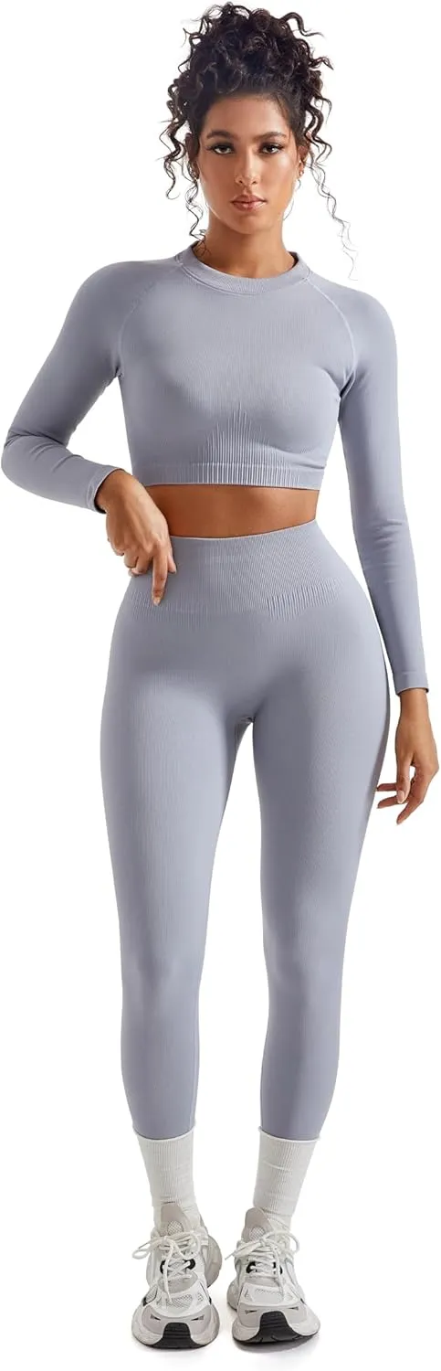 SUUKSESS Women 2 Piece Workout Sets Hidden Scrunch Butt Lifting Seamless Leggings Long Sleeve Yoga Crop Tops