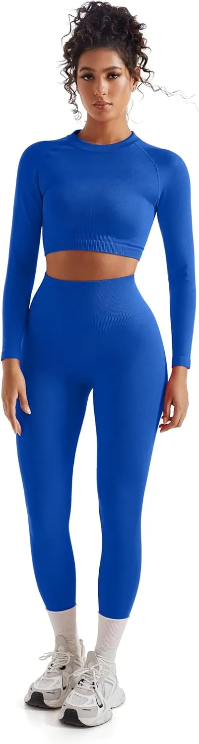 SUUKSESS Women 2 Piece Workout Sets Hidden Scrunch Butt Lifting Seamless Leggings Long Sleeve Yoga Crop Tops