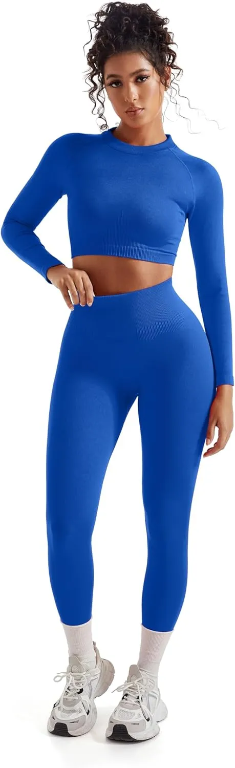SUUKSESS Women 2 Piece Workout Sets Hidden Scrunch Butt Lifting Seamless Leggings Long Sleeve Yoga Crop Tops