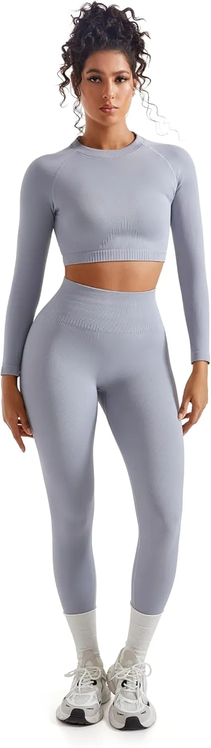 SUUKSESS Women 2 Piece Workout Sets Hidden Scrunch Butt Lifting Seamless Leggings Long Sleeve Yoga Crop Tops