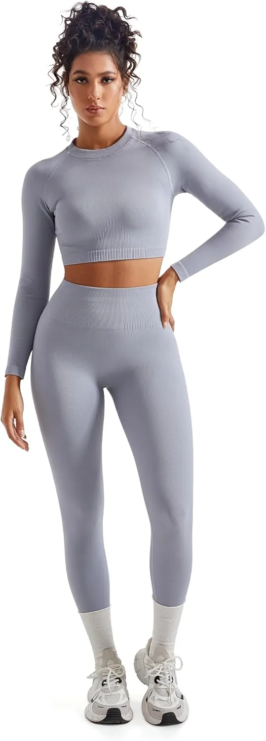 SUUKSESS Women 2 Piece Workout Sets Hidden Scrunch Butt Lifting Seamless Leggings Long Sleeve Yoga Crop Tops