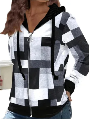 SweatyRocks Women's Plus Size Zip Up Hoodies Geometric Print Drawstring Collar Hooded Sweatshirt