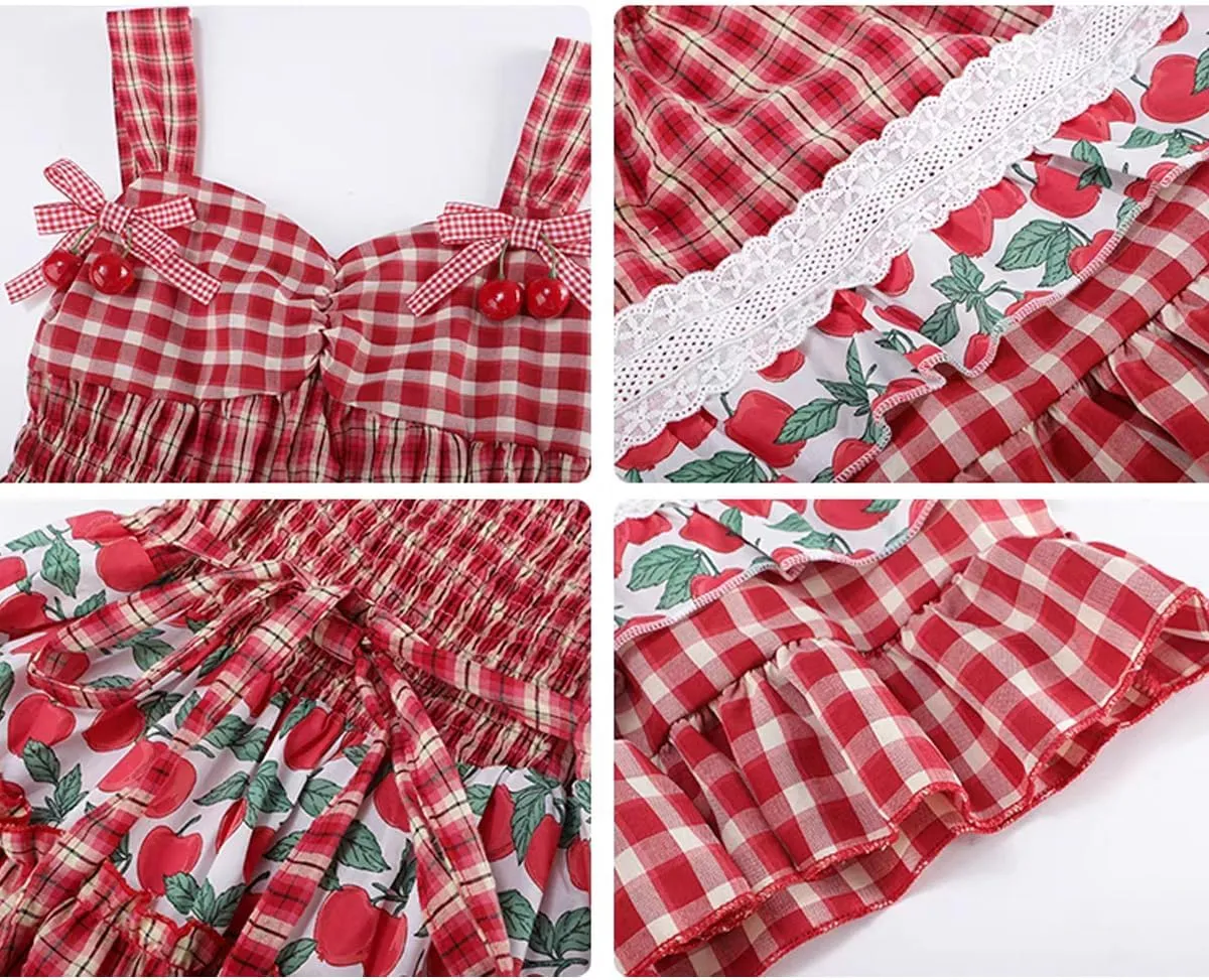 Sweet Bow Summer Lolita Dress for Teens Cute Plaid Kawaii Floral Dress Lace Ruffle Casual Sleeveless Dress Beach Sundress