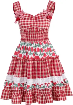 Sweet Bow Summer Lolita Dress for Teens Cute Plaid Kawaii Floral Dress Lace Ruffle Casual Sleeveless Dress Beach Sundress