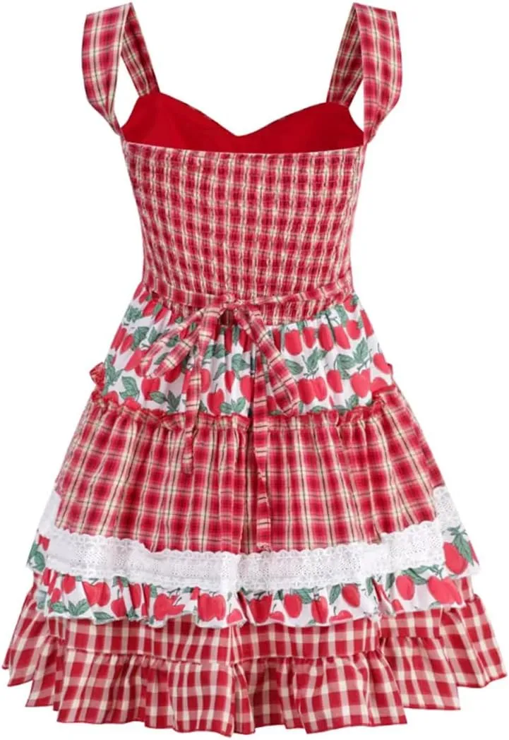 Sweet Bow Summer Lolita Dress for Teens Cute Plaid Kawaii Floral Dress Lace Ruffle Casual Sleeveless Dress Beach Sundress