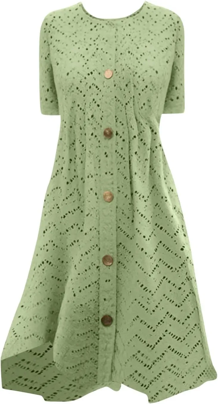 TANGNADE Womens Summer Crewneck Short Sleeve Midi Dress Eyelet Button Pleated A Line Casual Flowy Dresses Sundress