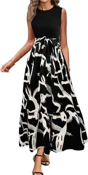Tank Dresses for Women 2025 Sleeveless Flowy Summer Floral Maxi Dress Tiered Ruffle Empire Waist Patchwork Dress