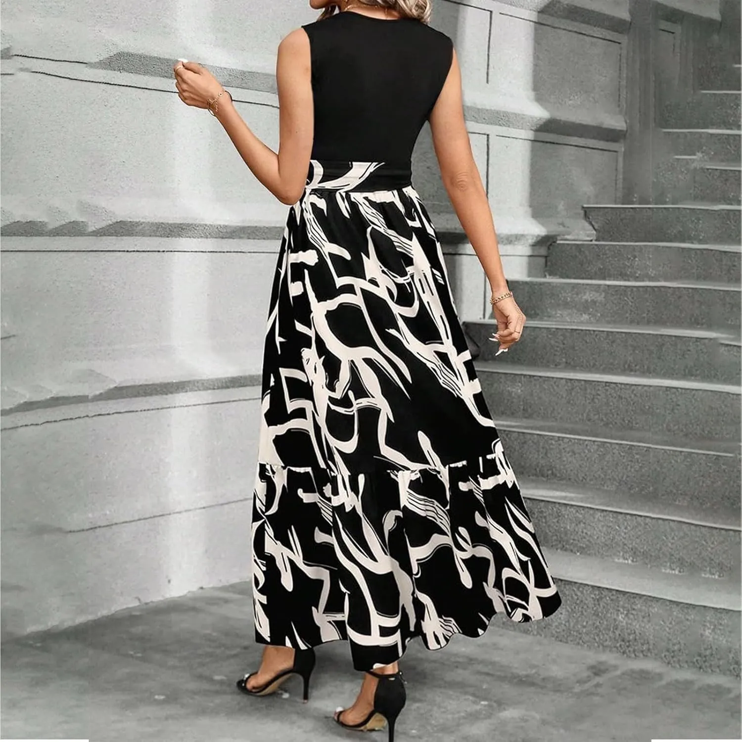 Tank Dresses for Women 2025 Sleeveless Flowy Summer Floral Maxi Dress Tiered Ruffle Empire Waist Patchwork Dress