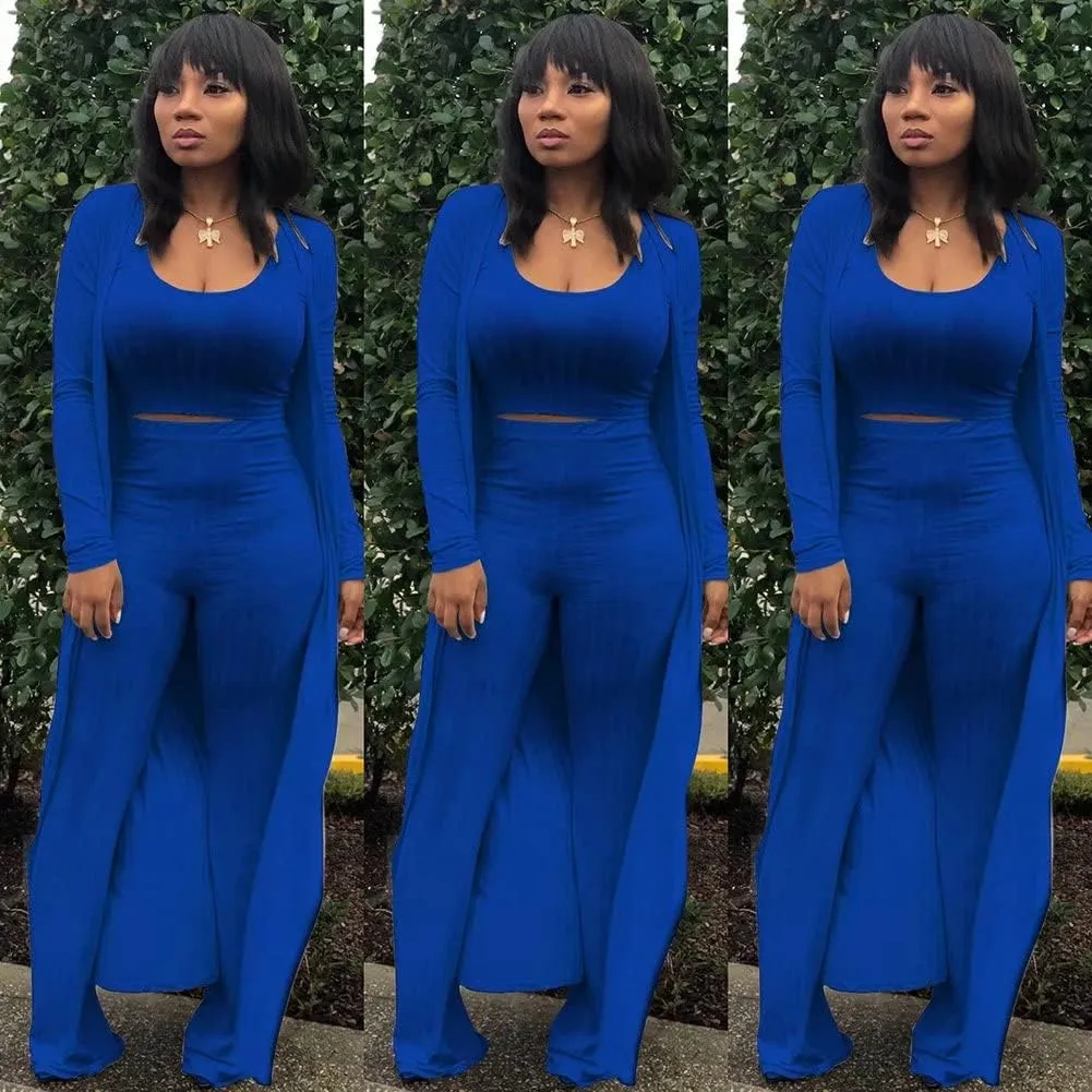 ThusFar Women 3 Piece Outfits Ottoman Rib Open Front Cardigan Cover Up Crop Tank Tops Wide Leg Palazzo Pant Set Jumpsuit