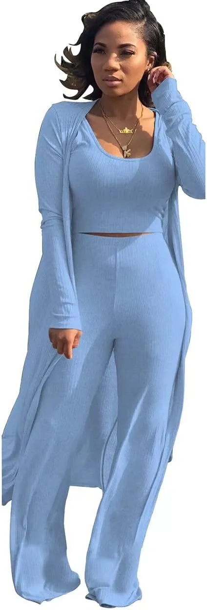 ThusFar Women 3 Piece Outfits Ottoman Rib Open Front Cardigan Cover Up Crop Tank Tops Wide Leg Palazzo Pant Set Jumpsuit